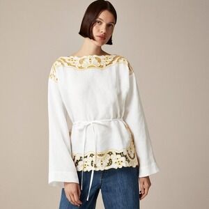 NWT!! J. CREW Cutwork Tunic Top Linen White Yellow Embroidered Cut Work Medium